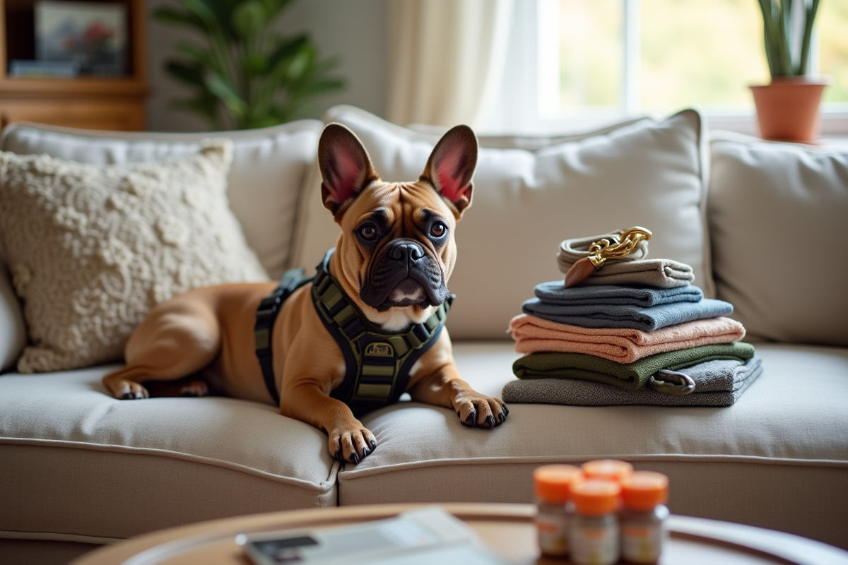 Bulldog français allongé dans le salon avec accessoires