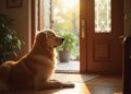 Golden retriever attendant à la porte en regardant par la fenêtre