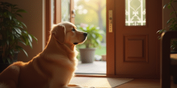 Golden retriever attendant à la porte en regardant par la fenêtre