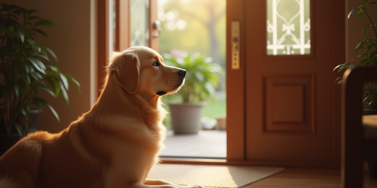 Golden retriever attendant à la porte en regardant par la fenêtre