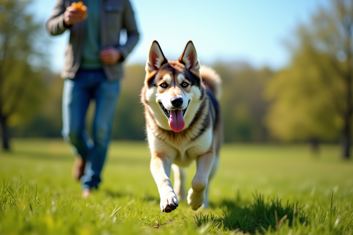 Chien husky en course dans un parc ensoleille avec son propriétaire