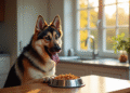 Chien mixte berger allemand husky mangeant à la cuisine