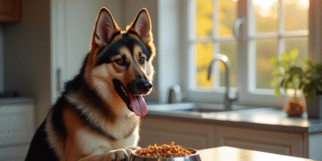 Chien mixte berger allemand husky mangeant à la cuisine