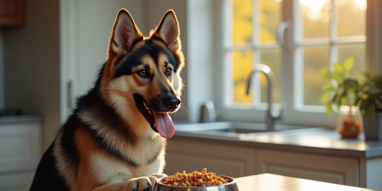 Chien mixte berger allemand husky mangeant à la cuisine