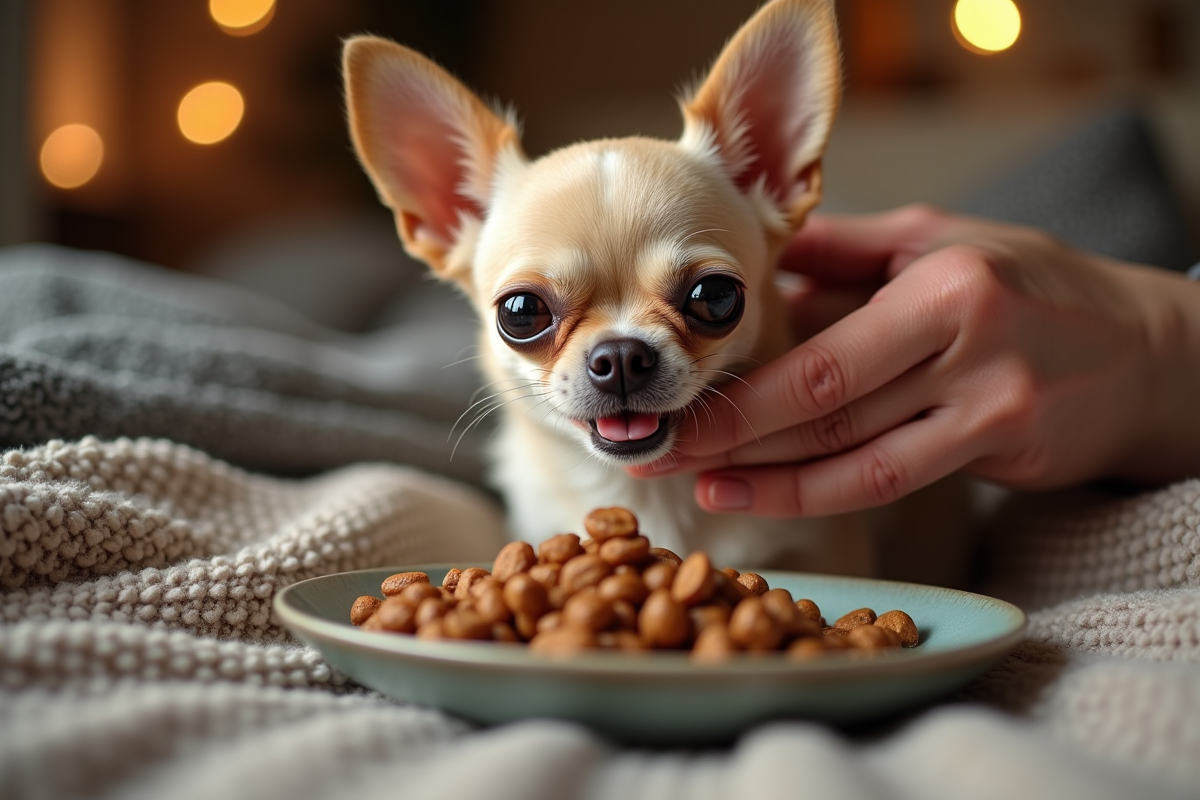 Chihuahua âgé being nourri à la main dans un salon chaleureux