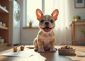Chiot bulldog français joyeux dans la cuisine lumineuse