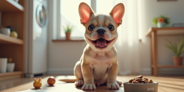 Chiot bulldog français joyeux dans la cuisine lumineuse