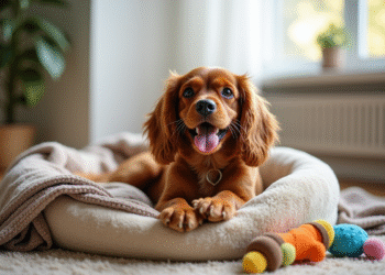 Cocker spaniel miniature heureux sur un lit douillet