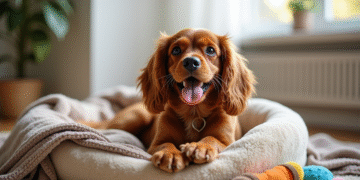 Cocker spaniel miniature heureux sur un lit douillet