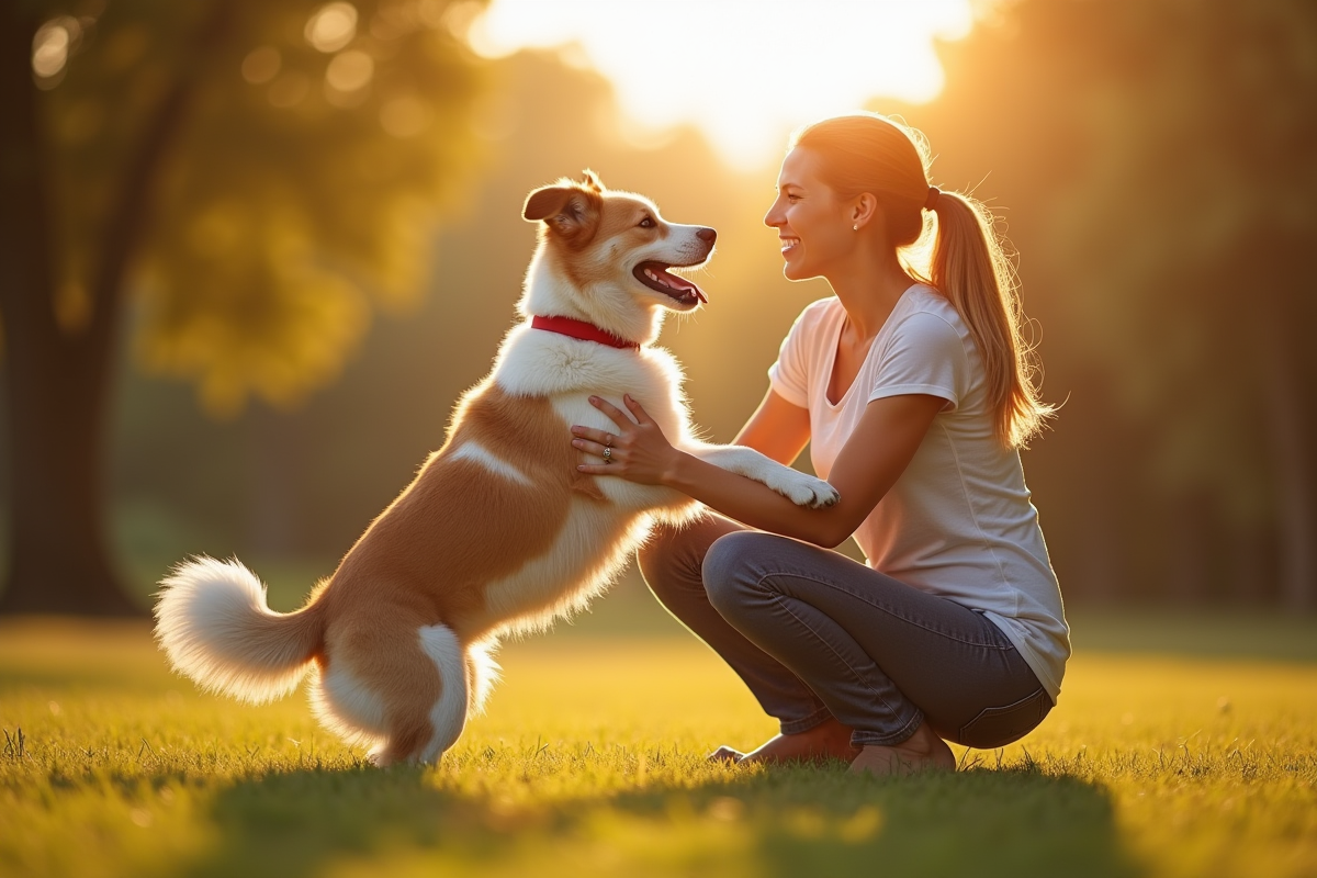 Femme et chien heureux se retrouvent dans un parc ensoleille