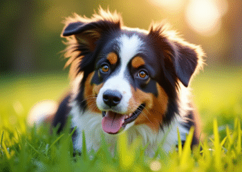 Chien berger australien allongé dans l'herbe verte en plein soleil