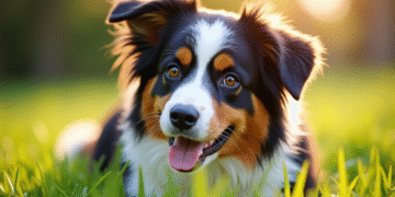 Chien berger australien allongé dans l'herbe verte en plein soleil