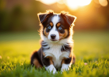 Miniature Australian Shepherd sur pelouse verte en golden hour