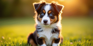 Miniature Australian Shepherd sur pelouse verte en golden hour