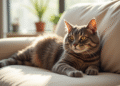 Chat British Shorthair relaxant sur un canapé beige lumineux