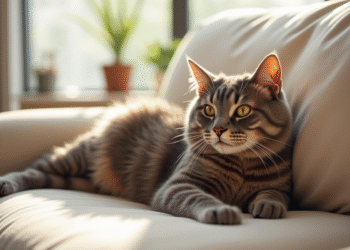 Chat British Shorthair relaxant sur un canapé beige lumineux