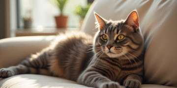 Chat British Shorthair relaxant sur un canapé beige lumineux