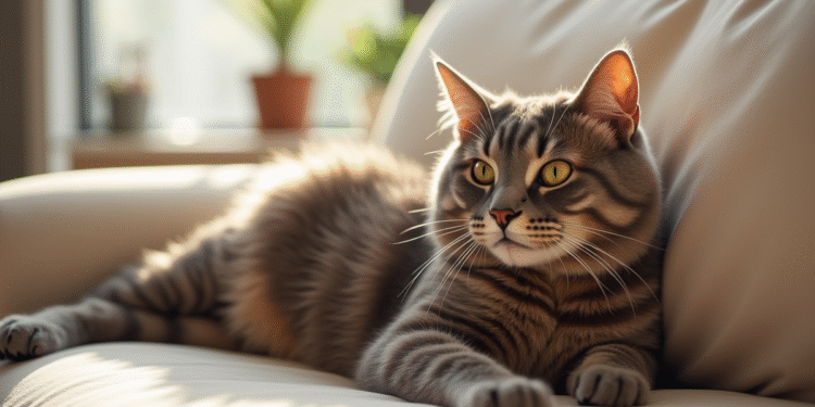 Chat British Shorthair relaxant sur un canapé beige lumineux