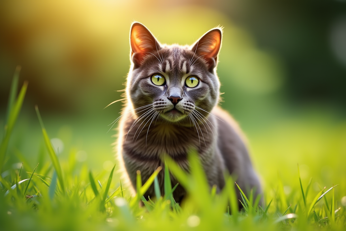 Chat British Shorthair dans un jardin ensoleille vert
