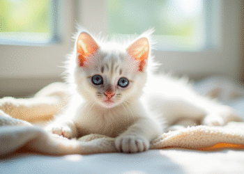Chaton blanc aux yeux bleus sur une couverture beige