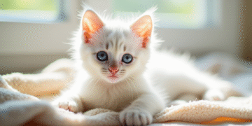 Chaton blanc aux yeux bleus sur une couverture beige