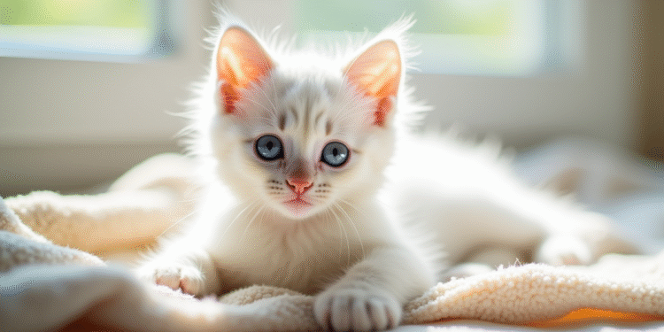 Chaton blanc aux yeux bleus sur une couverture beige