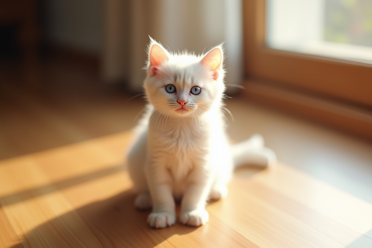 Chaton blanc aux yeux bleus assis sur un sol en bois brillant