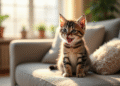 Petit chaton assis sur un canapé lumineux et cosy