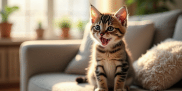 Petit chaton assis sur un canapé lumineux et cosy