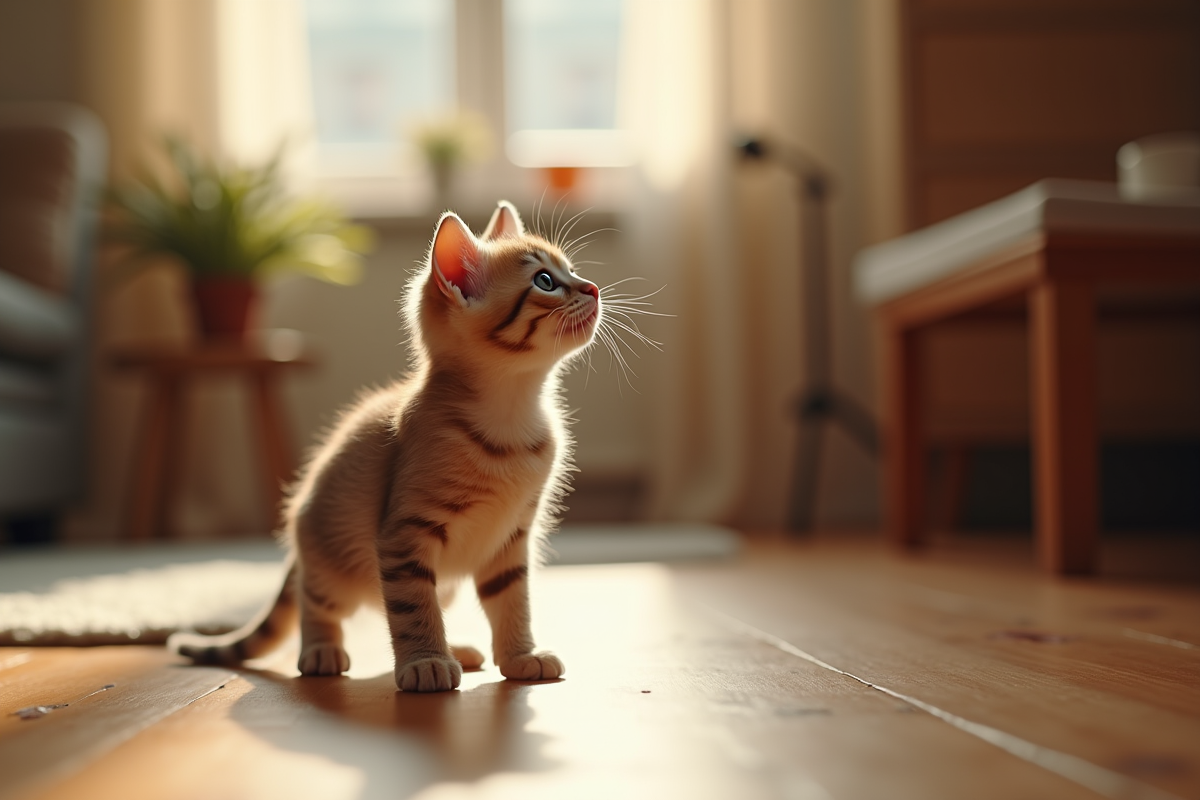 Chaton curieux regardant vers le haut sur un sol en bois
