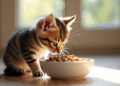 Chaton tigré curieux reniflant sa nourriture