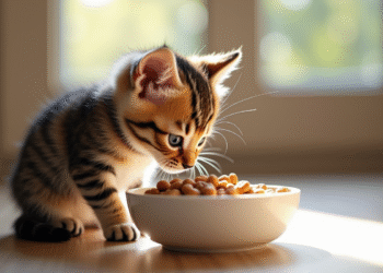 Chaton tigré curieux reniflant sa nourriture