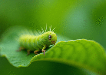 Chenille verte sur une feuille en gros plan