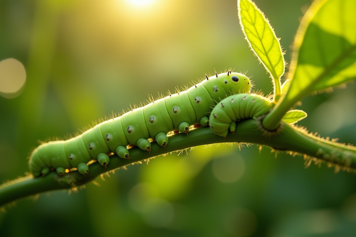 Plusieurs chenilles vertes mangeant dans un jardin ensoleille
