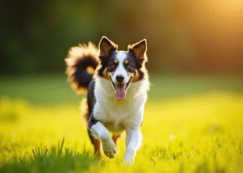 Chien border collie et australien sauvage courant dans un champ ensoleille