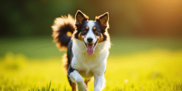 Chien border collie et australien sauvage courant dans un champ ensoleille