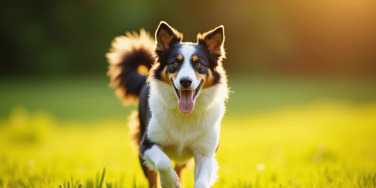 Chien border collie et australien sauvage courant dans un champ ensoleille