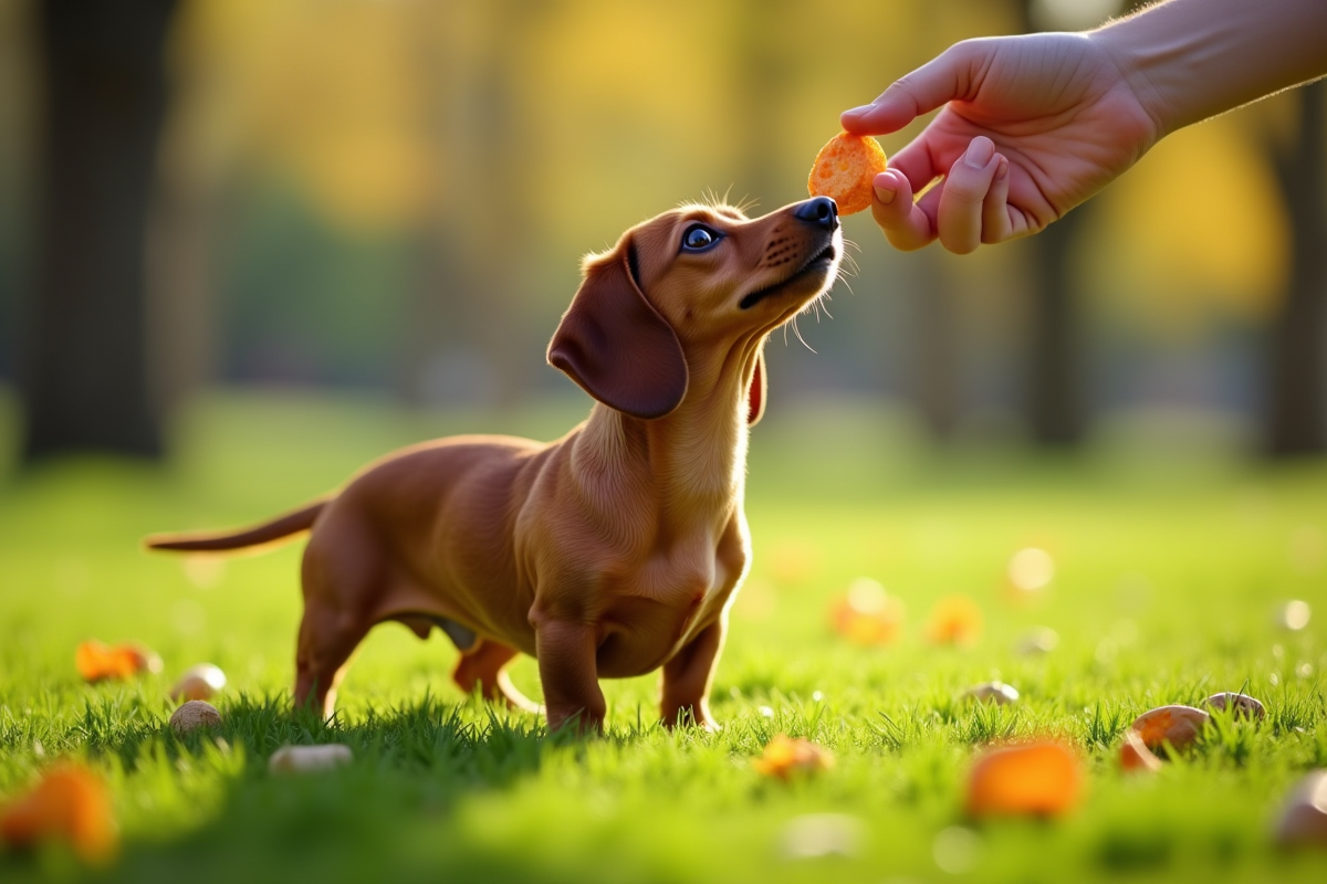 Dachshund debout dans un parc vert regardant une friandise