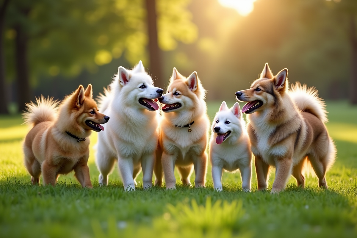 Keeshond jouant avec plusieurs chiens dans un parc ensoleille