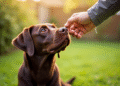 Labrador chocolat assis dans le jardin ensoleille