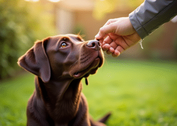 Labrador chocolat assis dans le jardin ensoleille