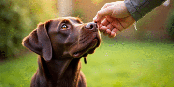 Labrador chocolat assis dans le jardin ensoleille