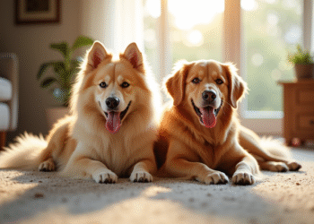 Keeshond et golden retriever allongés dans le salon lumineux
