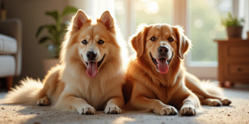 Keeshond et golden retriever allongés dans le salon lumineux