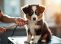 Chiot Australian Shepherd sur la table de toilettage