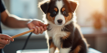 Chiot Australian Shepherd sur la table de toilettage