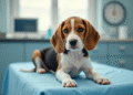 Chiot beagle sur une table d'examen vétérinaire