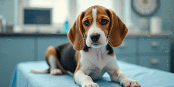 Chiot beagle sur une table d'examen vétérinaire