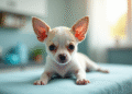 Jeune chiot chihuahua allongé sur une table de consultation
