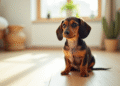 Chiot dachshund à poil lisse assis sur un sol en bois clair